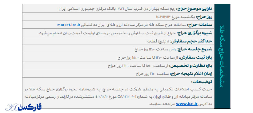 آگهی نخستین جلسه حراج سکه طلا در مرکز مبادله ارز و طلای ایران 1402 - فارکس360